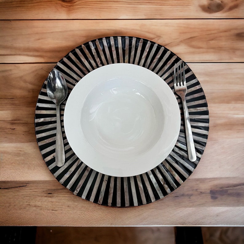 Set 2 Black Mother Pearl Charger Plates, Under Plate Decoration, Handmade Events Wedding Chargers, Service Plates, Dining Table Accessories image 8