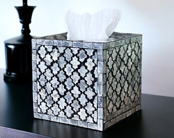 White Capiz Shell inlay on Black Square tissue box holder, 6” luxurious cubic tissue box cover, cube nacre tissue box, gift for mom women