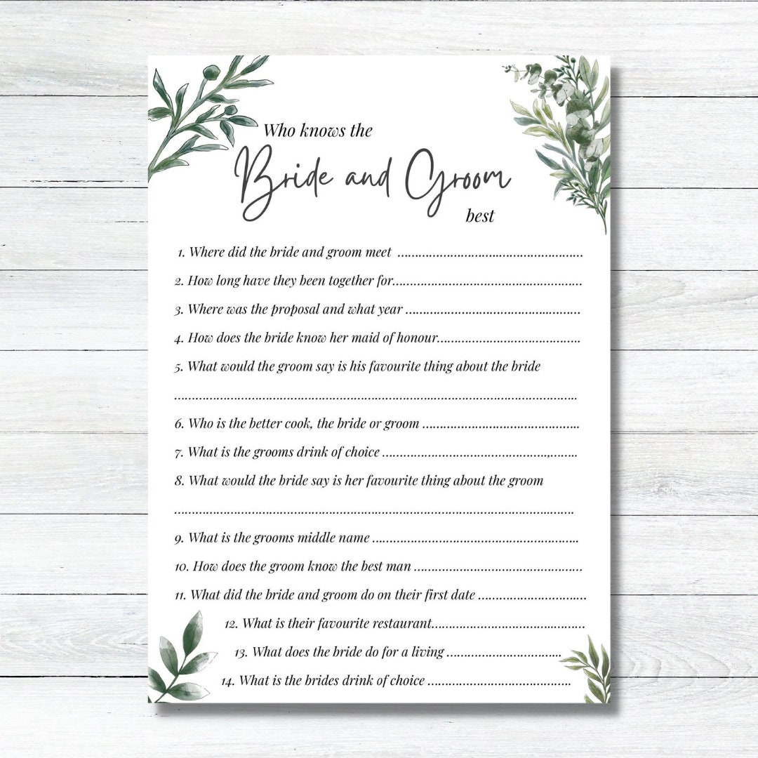 Who Knows the Bride or Groom Best Wedding Game Wedding Day Gifts Bride and Groom Game Games for