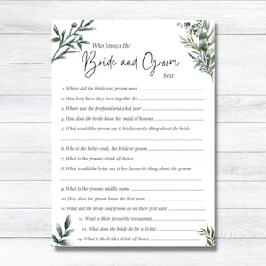 May include: A printable bridal shower game with a green floral design. The game is titled "Who knows the Bride and Groom best?" and includes 14 questions about the couple.