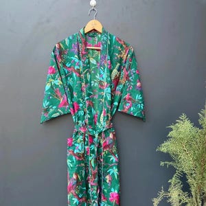 コットン着物ローブ ドレッシングガウン、ブロックプリント ブライズメイドローブ、夏用ナイトウェア、ワンサイズ