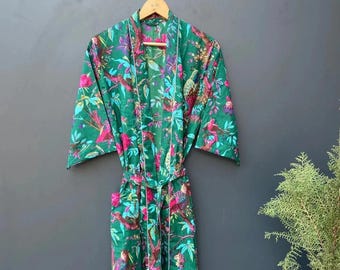 Cotton Kimono Robe Dressing Gown, Block Print Bridesmaid Robe, Summer Nightwear, One Size
