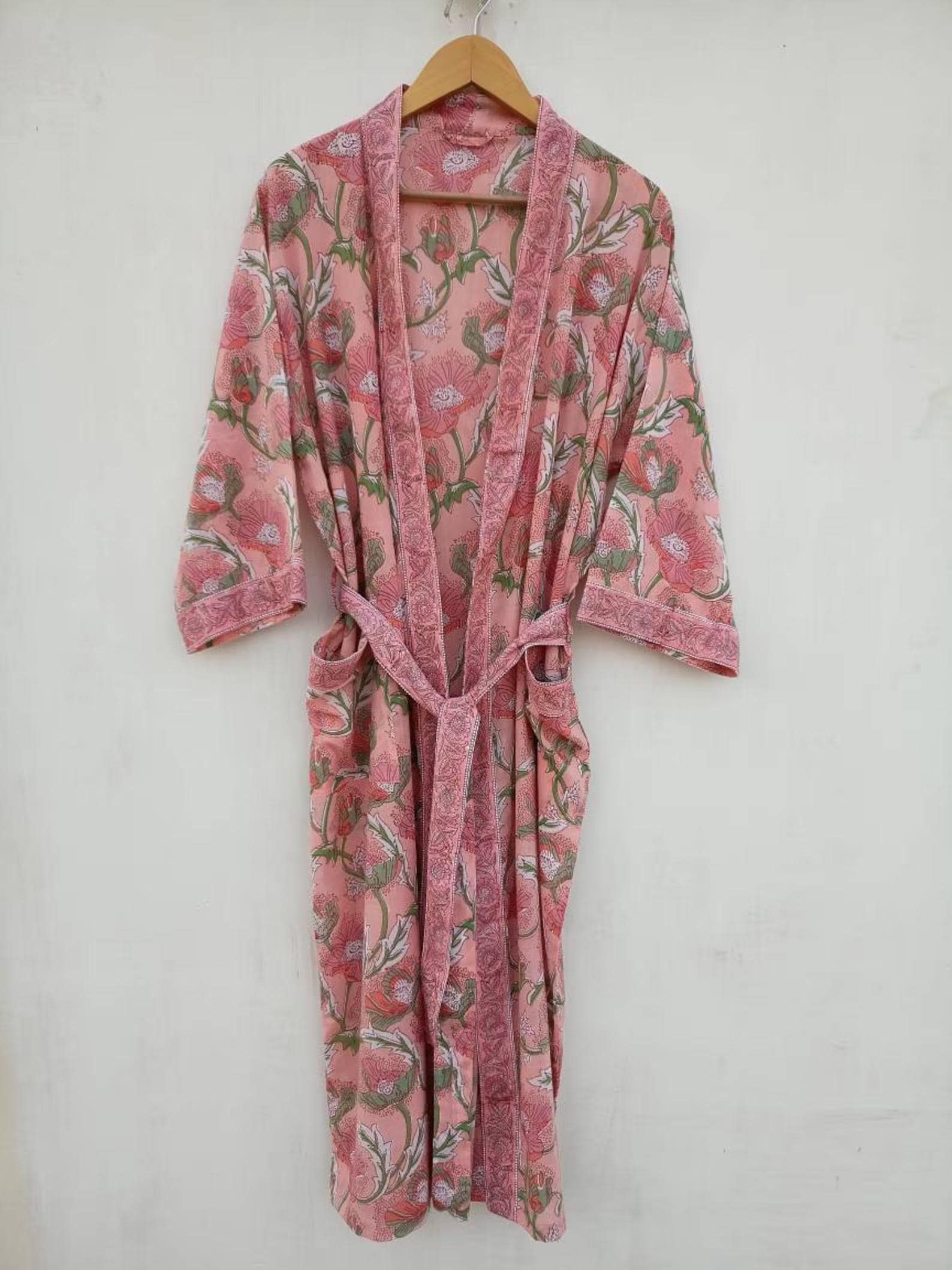 Bath robe Cotton kimono Indian Hand block print Cotton Bath robe Night wear suit Swim wear Dressing gown Colour Same as Picture Light Pink.