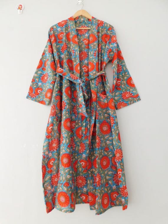 Hand Block Print Cotton Kimono Robe: Floral Midi Bathrobe
