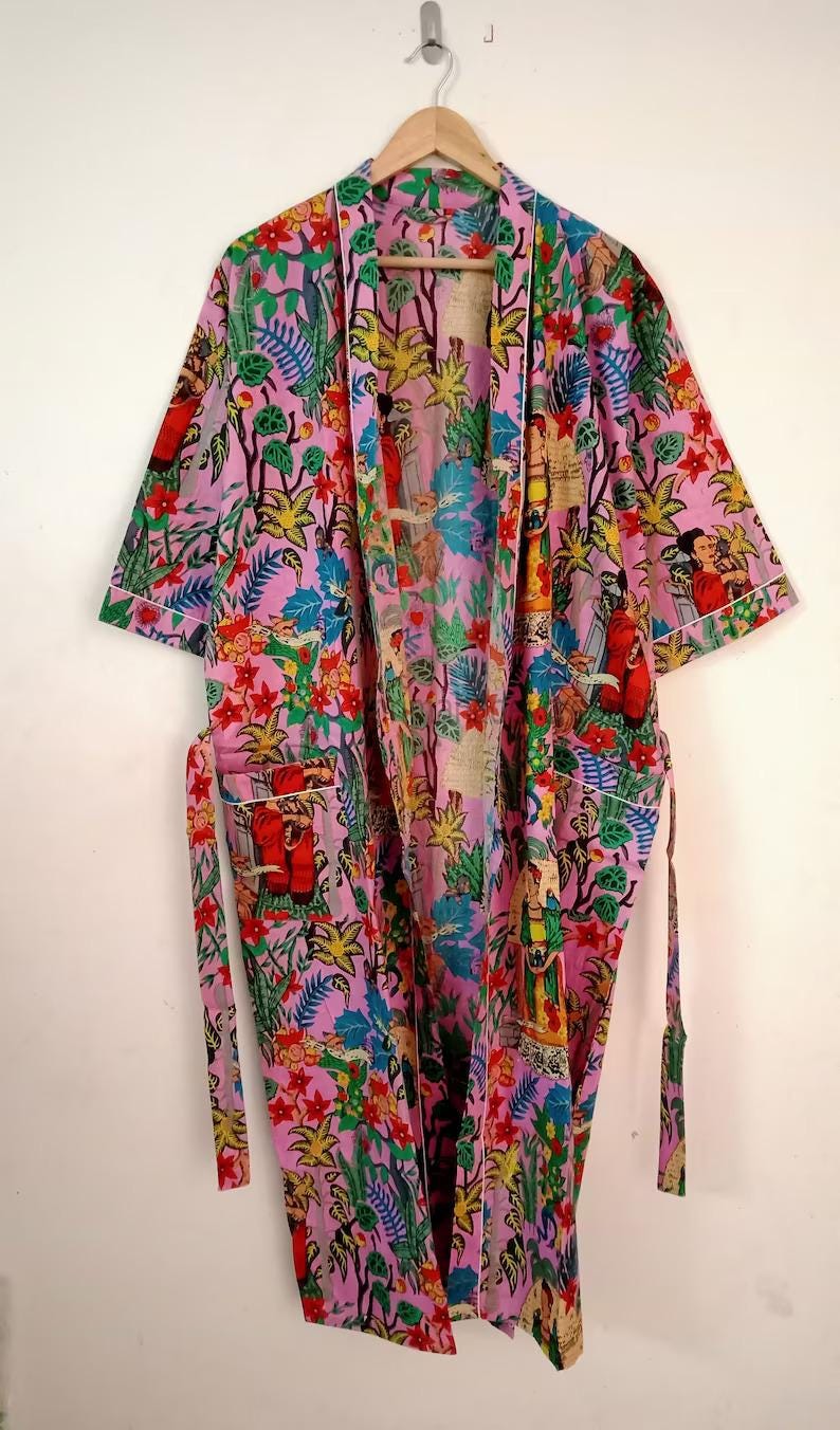 Frida Kahlo Floral Print Robe: Cotton Kimono Loungewear