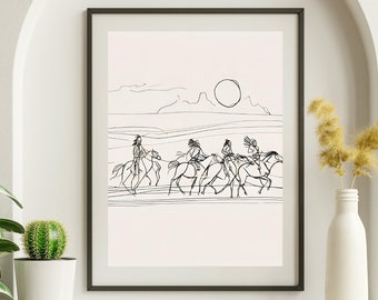 Native American Wall Art Native American Horses Print Equestrian Art Native American Black And White Sketch Art Indian Brave Wall Art