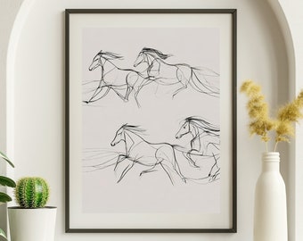 Art mural équestre Chevaux en cours d'exécution Art de croquis de cheval Art noir et blanc de cheval Art cadeau pour amoureux des chevaux Décoration murale cheval Impression d'art abstrait cheval