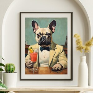 フレンチブルドッグがカクテルを飲む面白い犬のアートアートバーカートの壁の装飾バーカートアクセサリー美的バーカートプリントバーカートの絵画の装飾