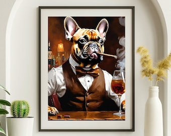 Bouledogue français chien barman art cigare art chien drôle art chariot de bar décoration murale accessoires de chariot de bar esthétique chariot de bar impression chariot de bar peinture
