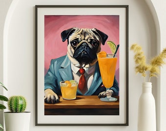 Pug Drinking Cocktail Funny Dog Art Art Bar Cart Wall Decor Bar Cart Accessories Aesthetic Bar Cart Print Bar Cart Painting  Bar Cart Decor