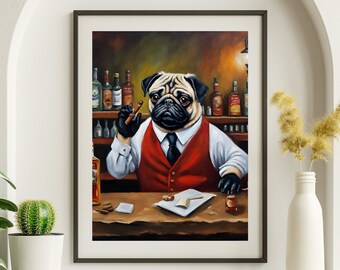 Carlin, barman, cigare, art, drôle de chien, art, chariot de bar, décoration murale, accessoires, esthétique, chariot de bar, impression, chariot de bar, peinture