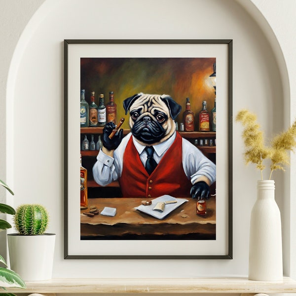 Pug Dog Bartender Cigar Art Funny Dog Art Art Bar Cart Wall Decor Bar Cart Accessories Aesthetic Bar Cart Print Bar Cart Painting