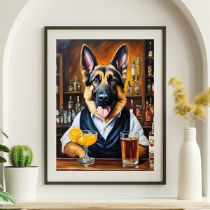 German Shepherd Dog Bartender Art Funny Dog Art Art Bar Cart Wall Decor Bar Cart Accessories Aesthetic Bar Cart Print Bar Cart Painting