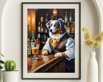 Berger australien, barman, art drôle de chien, art, chariot de bar, décoration murale, accessoires de chariot de bar, impression de chariot de bar, décoration murale, peinture à l'huile