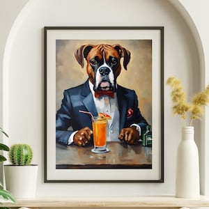 Boxerhond barman kunst grappige hond kunst kunst barwagen muur decor barwagen accessoires esthetische barwagen afdrukken barwagen schilderij boxer cocktail