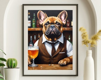 Bouledogue français chien art barman art chien drôle art chariot de bar décoration murale chariot de bar accessoires esthétique chariot de bar impression chariot de bar peinture