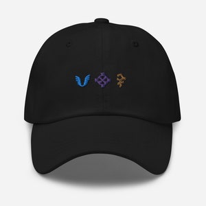 May include: Black baseball cap with embroidered blue, purple, and brown symbols.