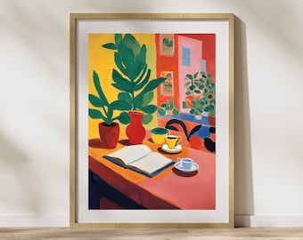 Art mural inspiré de Matisse, un café et un livre d'art rose, impression numérique de haute qualité, esthétique, art végétal Matisse, art style bohème et minimaliste