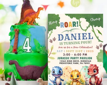 Bearbeitbare Dino-Four Dinosaurier-Geburtstagseinladung - T-Rex Party einladen - Sofortiger Download - Junge Vierter Geburtstag, BEP06