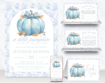 Blue Floral Toile Baby Shower Invitation Bundle, Toile De Jouy Blue Baby Shower Invitation Bundle, Boy Baby Shower Canva Invitation, BS050