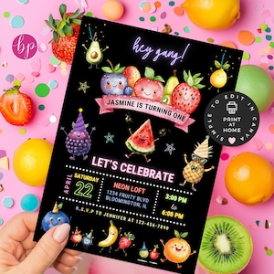 Dancing Fruit Birthday Invitation, Canva Template, Kawaii Dancing Fruits, First Birthday Party Invite, Neon Dancing Fruit - BBP013