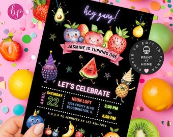 Inbjudan till födelsedagsfest med dansande frukt, Canva-mall, kawaii dansande frukter, inbjudan till första födelsedagsfest, neon dansande frukt - BBP013