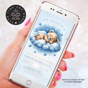May include: A blue and white baby shower invitation with a cartoon bear sleeping on a cloud. The invitation says "On Cloud 9" and includes the names "Sarah & Michael" and the date "May 25".