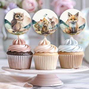 Woodland Animals Baby Shower Cup Cake Toppers, Baby Shower CupCake Toppers, Stickers, Let the Adventure Begin, Adventure Awaits - BS042