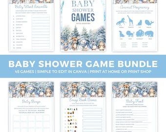 May include: A set of 45 printable baby shower games featuring a winter woodland theme with cute animals wearing hats. The games are simple to edit in Canva and can be printed at home or at a print shop.
