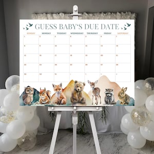 Woodland Animals Due Date Calendar, Guess Due Date Baby Shower Game, Adventure Awaits, Forest Baby Shower, Mountain Baby Shower- BS042