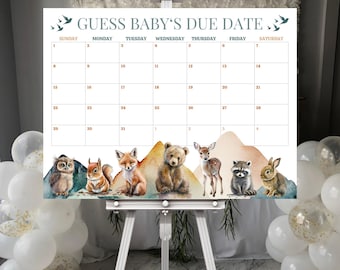 May include: A printable baby shower game with a woodland theme. The game features a calendar with the days of the week and numbers 1 through 31. The calendar is surrounded by a border of woodland animals, including an owl, squirrel, fox, bear, deer, raccoon, and rabbit. The text "Guess Baby's Due Date" is at the top of the calendar.