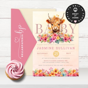 Holy Cow Baby Shower Invitation Bundle | Highland Cow | Boho Baby Shower | Blush Pink Flowers | Baby Calf |  Floral Baby Shower, BS022