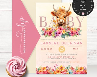 Holy Cow Baby Shower Invitation Bundle | Highland Cow | Boho Baby Shower | Blush Pink Flowers | Baby Calf |  Floral Baby Shower, BS022