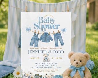 Denim Daisy Babypartyeinladung für Jungen, druckbares blaues Jeans-Thema, bearbeitbare Einladung, Floral Western-Babypartyvorlage - BS070