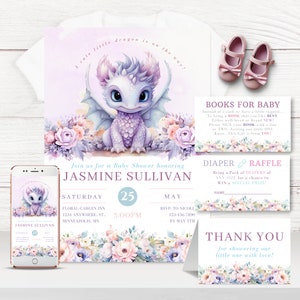 Dragon Baby Shower Bundle - Einladungen, Windel-Verlosung, Baby-Registratur und Dankeskarte - BS001