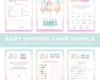 Può includere: Un pacchetto di giochi per baby shower con sei giochi stampabili. I giochi includono Baby Predictions, Baby Shower Games, Animal Pregnancy, Baby Bingo, Baby Books Emoji Trivia e Name That Baby Song. Il design presenta colori pastello e grafica di ghiaccioli.