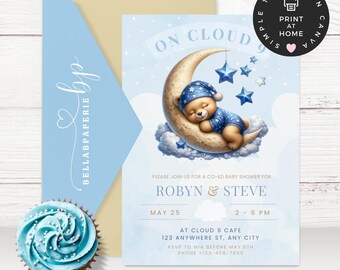 En la invitación de la ducha del bebé de la nube 9, DESCARGA INSTANTE, Estamos en la nube nueve, oso de peluche, niño de la ducha del bebé, invitación de la ducha del bebé de la nube - BS040