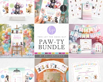 May include: A paw-ty themed printable party bundle for a dog-themed birthday party. The bundle includes a welcome sign, invitation, certificate of adoption, cupcake toppers, and other printable decorations. The design features a pink, blue, and yellow color scheme with cute cartoon dogs.