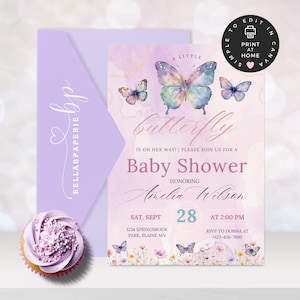 Lavendel babyshower uitnodiging meisje vlinder, kleine vlinder is onderweg, bewerkbare vlinder babyshower uitnodiging meisje, BS047