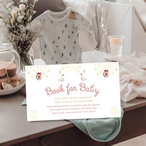 Carte de joyeux petits livres pour baby shower, thème de l'hiver, modèle de toile modifiable - parfait pour les célébrations de nouveau-né - BS058