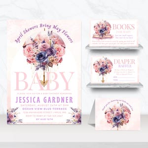 April Showers Bring May Flowers Baby Shower Invitation Bundle, Pink Umbrella Girl Baby Shower, Pink Srping Floral Girl Baby Shower - BS018