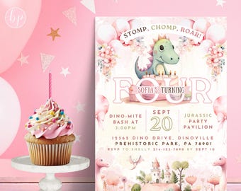 Convite de aniversário editável Dino-Four Dinosaur - Convite para festa de dinossauro - Download instantâneo - Aniversário de quatro anos de menina, BBP07