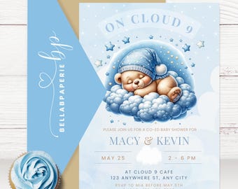 Invitación para baby shower "En la nube 9", DESCARGA INSTANTÁNEA, Estamos en la nube nueve, Osito de peluche, Baby shower para niño, Invitación para baby shower en la nube - BS038