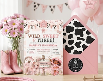 Pink Cowgirl Birthday Invitation, Wild Sweet & Three, Girl Western Party Invite, Cowgirl Party, 3rd Birthday Invite Template, BBP04