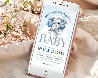 April Showers Bring May Flowers, Umbrella Mobile Baby Shower Invitation, Blue Florals, Social Media Invite, Baby Sprinkle - BS018