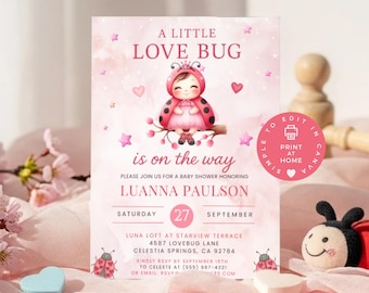 Pink Ladybug Baby Shower Invitation: Editable Digital Download Invite Template for Girls, Customizable Design - BS090