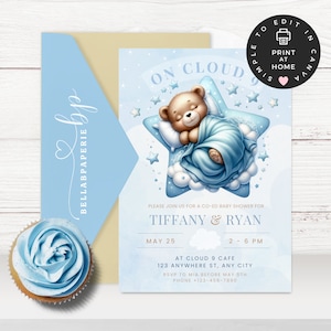 Może przedstawiać: Zaproszenie na baby shower w kolorze niebieskim i białym z kreskówkowym misiem śpiącym na chmurze. Zaproszenie zawiera napis "On Cloud 9" oraz imiona Tiffany & Ryan, datę 25 maja i godzinę od 14:00 do 18:00. Zaproszenie zawiera również lokalizację "At Cloud 9 Cafe" i adres "123 Anywhere St, Any City".