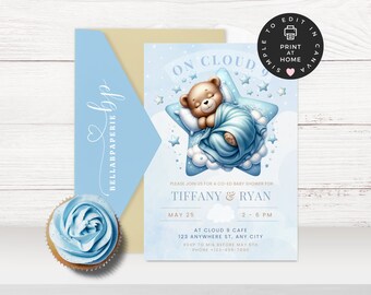 En la invitación de la ducha del bebé de la nube 9, DESCARGA INSTANTE, Estamos en la nube nueve, oso de peluche, niño de la ducha del bebé, invitación de la ducha del bebé de la nube - BS037