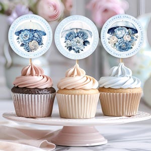 Cupcake Toppers, April Showers Bring May Flowers Baby Shower, Blue Floral, Boy Baby Shower, Elegant Spring Baby Shower - BS018