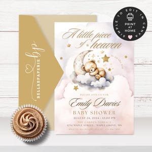 Heaven Sent Baby Shower Invitation | Moon And Stars Boy or Girl Invites | A Little Piece Of Heaven Baby Shower | Editable Printable | BS046